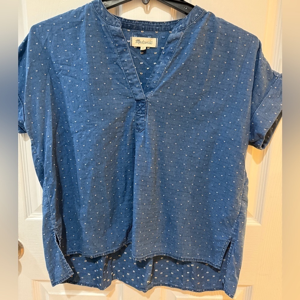 Madewell Blue Boxy Hearts Buttoned Blouse with Mandarin Collar